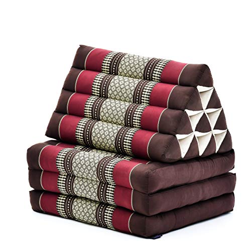 Leewadee Foldout Triangle Thai-Cushion Floor-Seat with Back-Rest TV Pillow Lounge-r Foldable Out-Door Mattress, 67x21x16 inches, Kapok, Brown red