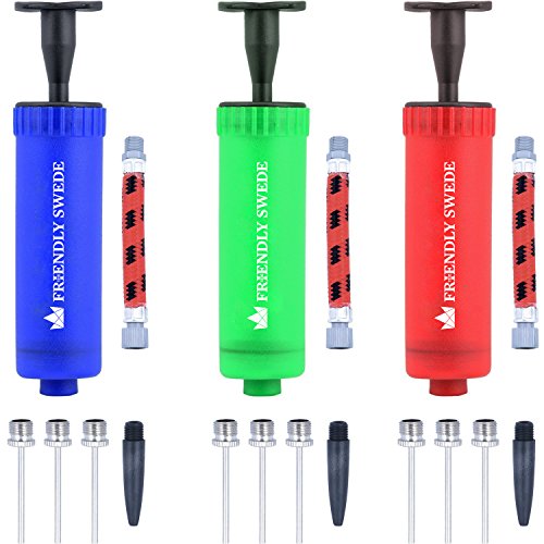 The Friendly Swede Sports Ball Pump (3 Pack), Needles and Nozzles Included (Blue + Green + Red)