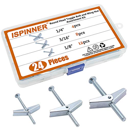 ISPINNER 24pcs Zinc Plated Steel Round Head Toggle Bolt and Wing Nut Assortment Kit 1/4' 3/16' 1/8' for Hanging Heavy Items on Drywall