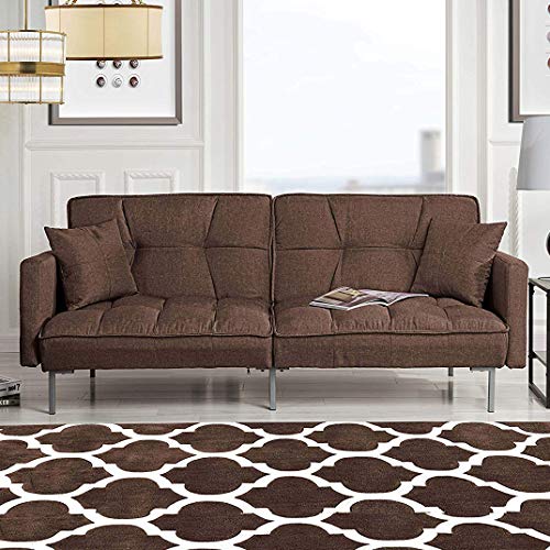 Divano Roma Furniture Modern Plush Tufted Linen Fabric Sleeper Futon, Small, Brown