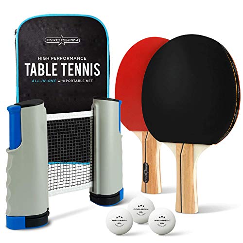 PRO SPIN Portable Ping Pong Set - Retractable Ping Pong Net for Any Table, 2 Ping-Pong Paddles/Rackets, 3 White 3-Star Balls, Premium Storage Case | Quality Table Tennis Set with Retractable Net