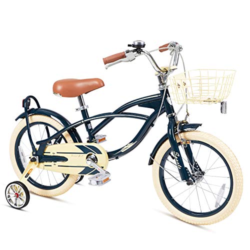 FOUJOY Kids Bike 16 Inch with Training Wheels and Basket for 4-8 Years Old Kids Gentle Style Rustic Look (Blue)