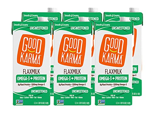 Good Karma Non Dairy Unsweetened Flaxmilk (32 oz Carton, Pack of 6) Vegan Protein Packed & Lactose Free Plant Based Milk Alternative