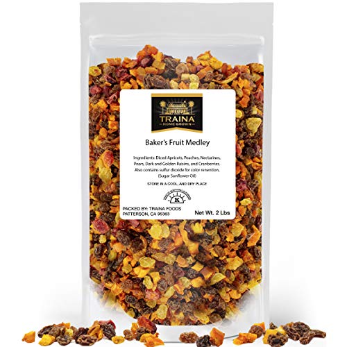 Traina Home Grown Sun Dried Baker’s Fruit Medley - Diced Peaches, Cranberries, Apricots, Pears, Nectarines, and Raisins - Non GMO, Gluten Free, Packed in Resealable Pouch (2 lbs)
