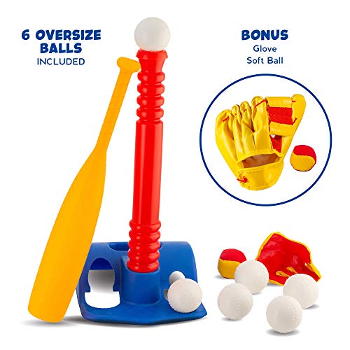 Tee-Ball Sport Set - 6 Balls and 1 Soft Ball with Bat & Glove to Develop Baseball & Softball Skills - Primary Color Set for Kids in Carry Case