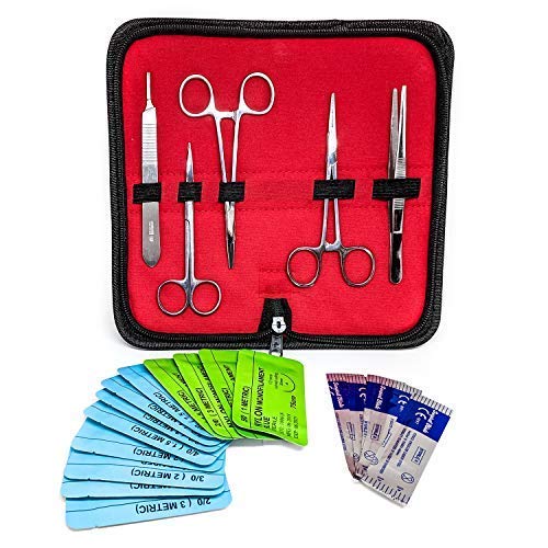 SurgicalOnline 15 Piece Stainless Steel Training Suture Tool Kit/Set with Scalpel Handle and 10#10 Blades, for Medical, Veterinarian, Biology and Dissection Lab Students