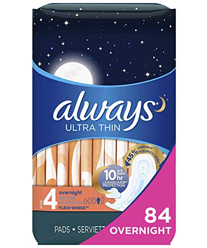 Always Ultra Thin Feminine Pads with Wings for Women, Size 4, 84 Count, Overnight Absorbency, Unscented, (28 count, Pack of 3 - 84 Count Total)