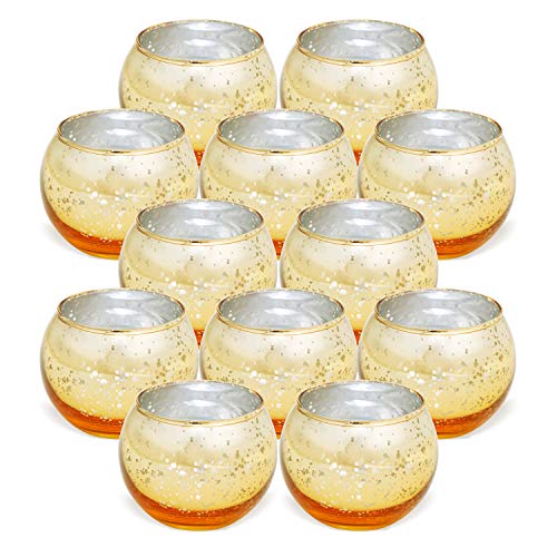 FUND AMLIGHT Gold Tealight Candle Holder Set of 12, Round Votive Candle Holders, Mercury Glass votives, Bowl Candle Holders for Wedding, Party, Home Dec