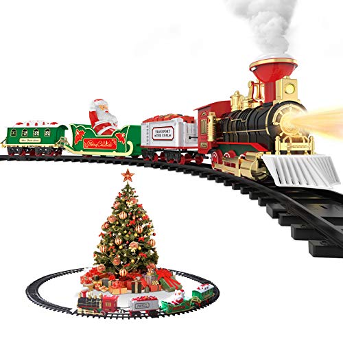 Hot Bee Christmas Toy Train Set, Electric Steam Train Toy w/ Smoke, Lights & Sounds Railway Tracks Kits for Under The Tree Gifts for 3 4 5 6 7 8+ Year Old Boys & Kids