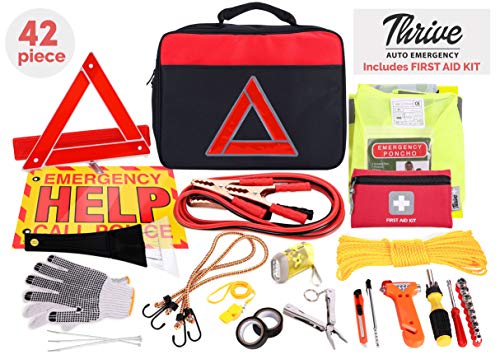 Thrive Car Emergency Kit with Jumper Cables + First Aid Kit | Car Accessories | Roadside Assistance & Survival | Rugged Car Tool Kit Bag, Reflective Safety Triangle and More | Road Trip Essentials