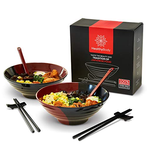 Healthy Body Ramen Bowl Set - 2X (8 Piece) Melamine Dish Set Ramen Bowl Asian Cookware Matching Gift/Storage Box 37oz Bowl/Large Spoon/Chopsticks and Holders