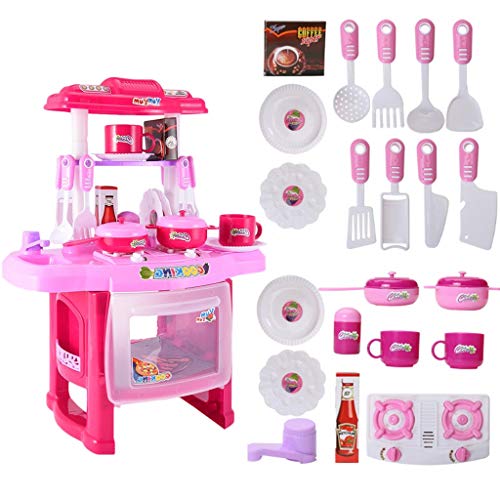 Ship from USA Kids Play Kitchen丨Kids Play Kitchen with Toy Accessories Set, Best Chefs Kitchen Playset, Mini Kids Kitchen Pretend Play丨Cooking Set Cabinet Stove 3+ Year Old Girls Boys (Pink-A)