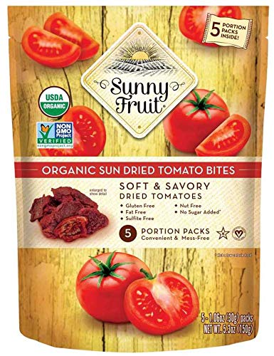 ORGANIC Sundried Tomatoes - Sunny Fruit (5) 1.06oz Portion Packs | Purely Tomatoes - NO Added Sugars, Sulfurs or Preservatives | NON-GMO, VEGAN & HALAL