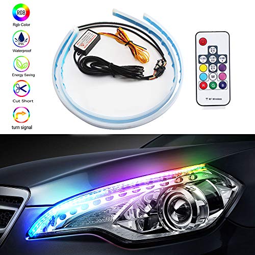 Flexible Car LED Strip Light - 2 Pcs 17.71 inch RGB Waterproof Lighting Kit - Daytime Running Lights and Turn Signal Light Switchback Sequential - for Automobile Headlight Surface Strip Lights Tube