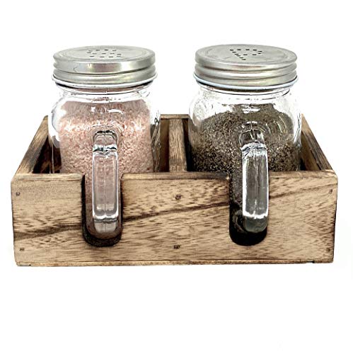 Mason Jar Salt and Pepper Shaker Set with Wood Caddy for Farmhouse Kitchen Decor and Rustic Vintage Home Decoration