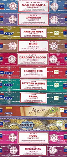 Set of 12 Nag Champa, Lavender, Arabian Musk, Egytian Jasmine, Musk, Dragon's Fire, Dragon's Blood, Prana, Ajaro, Money, Rose, Meditation by Satya Incense Bangalore (BNG)