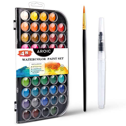 AROIC Watercolor Paint Set, with a Watercolor Paint, 48 Color, a Brush and a Refillable Water Brush Pen. The Best Gift for Beginners, Children and Art Lovers.
