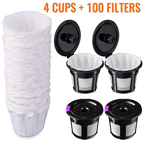 Reusable K Cups with Paper Filters Set, Including 4 Pack K Cups and 100 PCS Coffee Filters for Keurig 1.0 and 2.0 Brewers, Paper Filters Fit Reusable K-Cup Pods