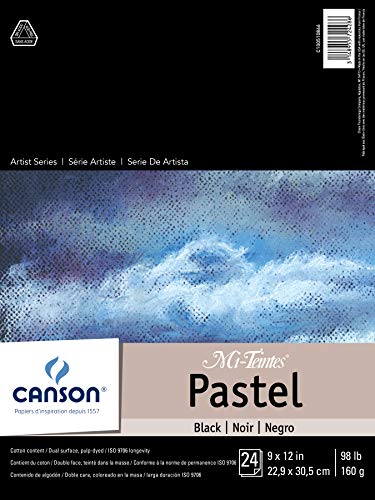 Canson Drawing Mi-Teintes Paper Pad, Dual Sided Textures for Pastels, Charcoals, Pencil, Fold Over, 98 Pound, 9 x 12 Inch, Black, 24 Sheets, 9'X12'