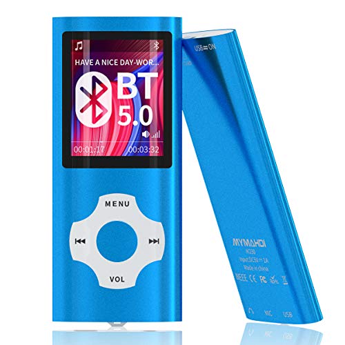 MYMAHDI Bluetooth 5.0 MP3 / MP4 Player with 32GB Memory Card, 1.8'' LCD Screen, Support Up to 128GB, Pedometer/Video/Voice Record/FM Radio/E-Book Reader/Photo Viewer Dark Blue