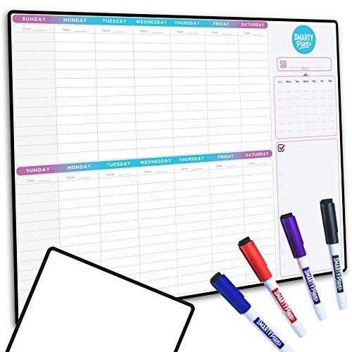 SmartyPlans Dry Erase Weekly Extra Thick Magnetic Calendar for Refrigerator: 17x13' Two Week Planner and 6x9' White Board, 4 Fine Tip Markers and Eraser with Magnets. Stain Resistant. Shipped Flat.