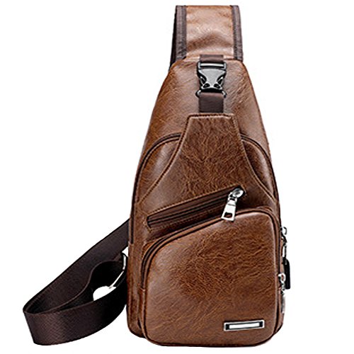 Waterproof PU Leather Sling Bags Chest Shoulder Crossbody Messenger Business Travel Hiking School Multipurpose Daypack Purse Backpack for Mens Womens Light Brown