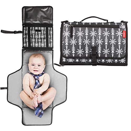 DRIBET Portable Diaper Changing Pad, Diaper Change Mat Built in Extra Large Head Pillow, Detachable Waterproof Diaper Changing Kit, Just Use One Handed (Snowflake)