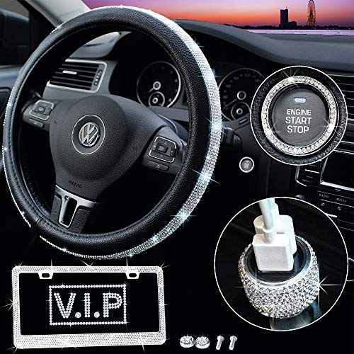 Bling Car Accessories for Women - Diamond Bling Steering Wheel Cover for Women Girls Universal 15 Inch, Crystal Bling License Plate Frame, Car USB Charger, Rhinestone Bedazzled Car Decorations Set