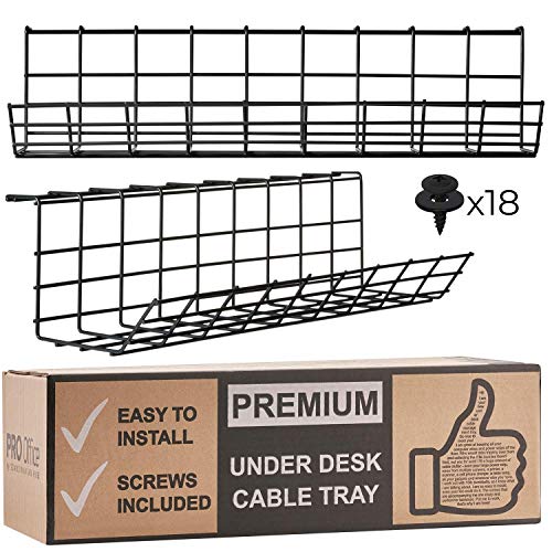 Under Desk Cable Management Tray - Cable Organizer for Wire Management. Metal Wire Cable Tray for Office and Home. Perfect Standing Desk Cable Management (Black Cord Basket - Set of 2X 17'')