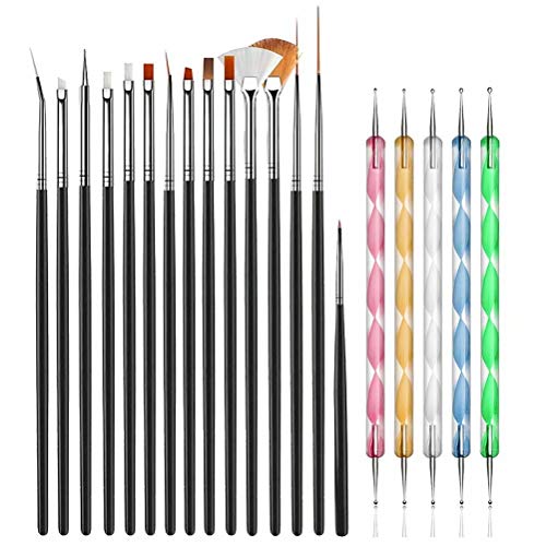JOYJULY 20pcs Nail Art Design Tools, 15pcs Painting Brushes Set with 5pcs Dotting Pens, BLACK …