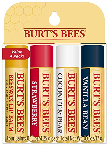 Burt's Bees 100% Natural Origin Moisturizing Lip Balm, Multipack, Original Beeswax, Strawberry, Coconut & Pear and Vanilla Bean with Beeswax & Fruit Extracts, 4 Tubes