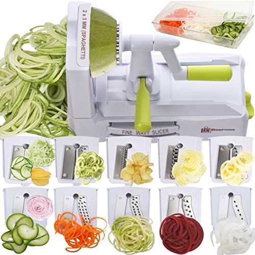 Brieftons 10-Blade Spiralizer: Strongest-and-Heaviest Vegetable Spiral Slicer, Best Veggie Pasta Spaghetti Maker for Low Carb / Paleo / Gluten-Free, With Blade Caddy, Container, Lid & 4 Recipe Ebooks