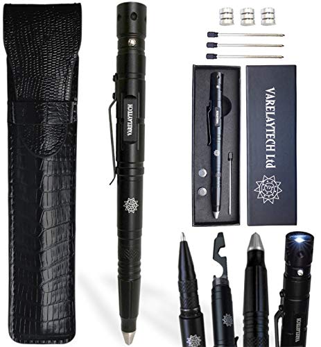 Multi-Function Tactical Pen with PU Leather Pouch, Flashlight, Bottle Opener, 6mm Hex-Wrench, Screwdriver, Ballpoint Writing Pen, Glass Breaker, Scraper, 3 Pen Refills, 3 Battery Sets, and Gift Box