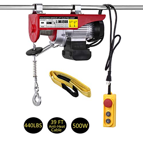 LIMICAR Electric Hoist 440LBS Overhead Lift Electric Hoist Crane Garage Ceiling Pulley Winch Remote Control Power System with Premium Straps 6.6'x3' Lift Sling