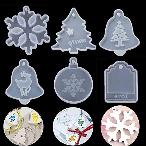  Snailmon 6Pcs Christmas Resin Casting Molds Snowflake Silicone Mold for Resin Epoxy Pendant Mold with Hanging Hole,Including Xmas Tree,Elk,Bell, Snowflake,Tag