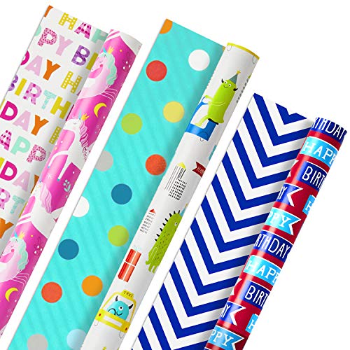 Hallmark Reversible Kids Birthday Wrapping Paper, Monsters and Unicorns (Pack of 3, 120 sq. ft. ttl.)