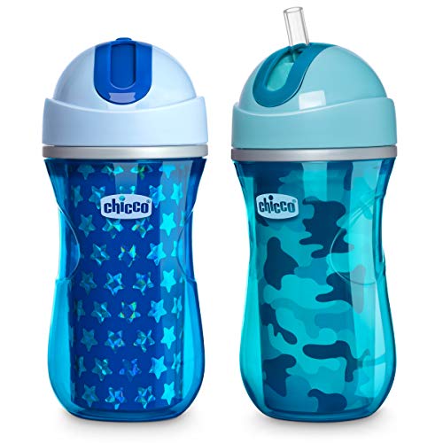 Chicco Insulated Flip-Top Straw Spill Free Baby Sippy Cup, 12 Months+, Blue/Teal, 9 Ounce (Pack of 2)