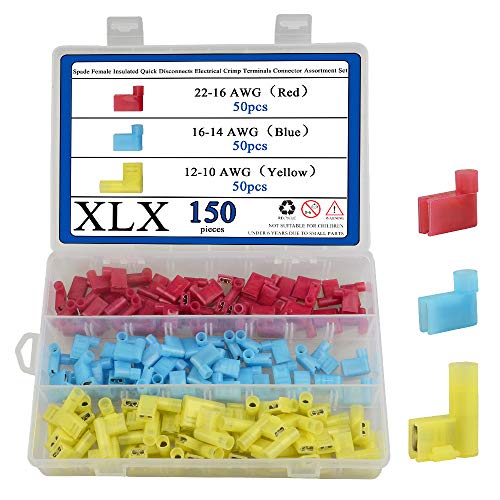 XLX 150Pcs 22-18 18-14 12-10 Gauge Nylon Flag Spade Female Insulated Quick Disconnects Electrical Crimp Terminals Connector Assortment Set(Red Blue Yellow)