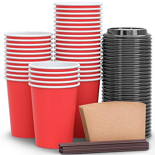 Luckypack Disposable Coffee Cups To Go with Travel Lids Sleeves and Straws 100% Biodegradable & Compostable Pla Eco Friendly Paper Coffee Cups 100 Sets of 12 oz