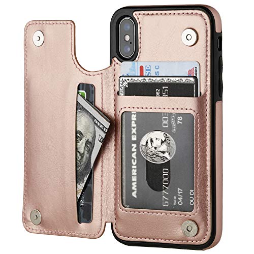 iPhone Xs iPhone X Wallet Case with Card Holder,OT ONETOP Premium PU Leather Kickstand Card Slots Case,Double Magnetic Clasp and Durable Shockproof Cover (iPhone X 5.8' Rose Gold)