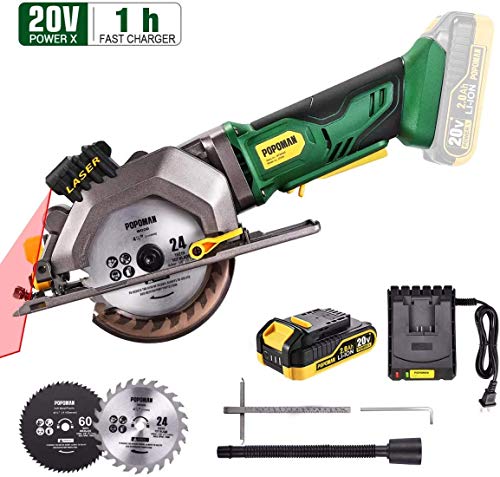 Circular Saw Cordless, POPOMAN 4-1/2' Mini Saw 20V, 1H Fast Charger, 9.5'' Base Plate, One Hand Control, 2.0Ah Battery, Laser Guide, Cutting Depth 1-11/16'' (90°), 1-3/8'' (0°-45°), Wood metal Cuts
