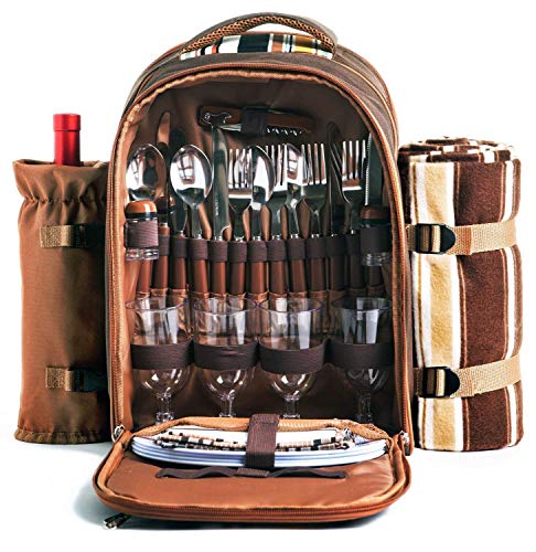 Picnic Backpack Bag for 4 Person With Cooler Compartment, Detachable Bottle/Wine Holder, Fleece Blanket, Plates and Cutlery Set Perfect for Outdoor, Sports, Hiking, Camping, BBQs(Coffee)
