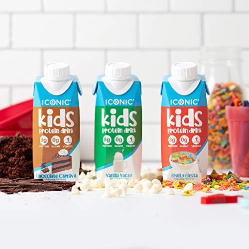 Iconic Kids Protein Shake, Variety Pack, 8oz (6 Pack, 2 each) | Zero Sugar, Vitamin D3, Organic Veggies & 8g Protein | Lactose Free, Soy Free, Gluten Free | Healthy Snacks for Kids