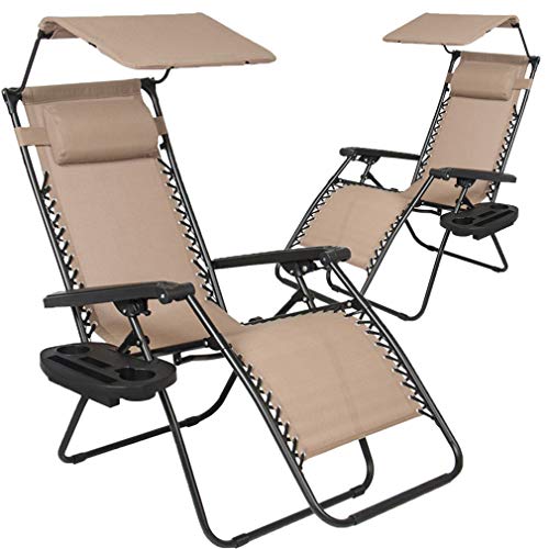 Patio Chairs Zero Gravity Chair Lounge Chair 2Pack Recliner for Outdoor Funiture W/Folding Canopy Shade and Cup Holder (Tan)