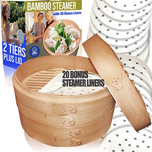 10' Bamboo Steamer/ 2 Tiers & Lid by Cuisine Natural -Incl. 20 Bonus Liner Papers | Made w/ Non Toxic Glue | Dim Sum, Meat & Dumpling Steam Cooker Set | Great For Rice, Crab & Veggies