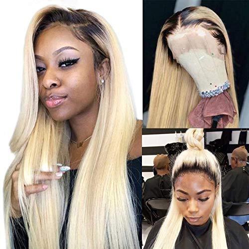 613 Lace Front Wig Human Hair 16' Full Ends Ombre Blonde Human Hair Wigs Pre Plucked Natural Hairline Light Brown Lace Wigs Slightly Bleached Knots