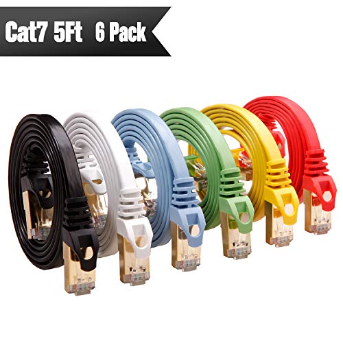 Cat 7 Shielded Ethernet Cable 5 ft 6 Pack (Highest Speed Cable) Cat7 Flat Ethernet Patch Cables - Internet Cable for Modem, Router, LAN, Computer - Compatible with Cat 5e，Cat 6 Network