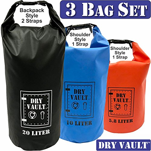 3 Bag Set - DRY VAULT – DRY BAG SETS – 500D PVC Tarpaulin – 20L, 10L, 5.8L with shoulder straps - WEATHERPROOF - WATERPROOF BAGS - BEST DEAL ON AMAZON - 100% Guaranteed -3 QUALITY Bags for Price of 1