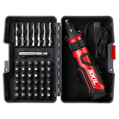 SKIL Rechargeable 4V Cordless Screwdriver with Circuit Sensor Technology, Includes 45pcs Bit Set, USB Charging Cable, Carrying Case - SD561204
