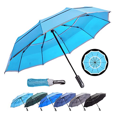 HOSA Auto Open Close Compact Portable Lightweight Travel | Night Safety Reflective Strip | Windproof Waterproof UV Protection Umbrella | for Raining Sunny Days Night Time Use (Water Blue 46-inch)